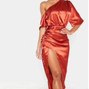 Rust Satin One Shoulder Ruched Skirt Midi Dress